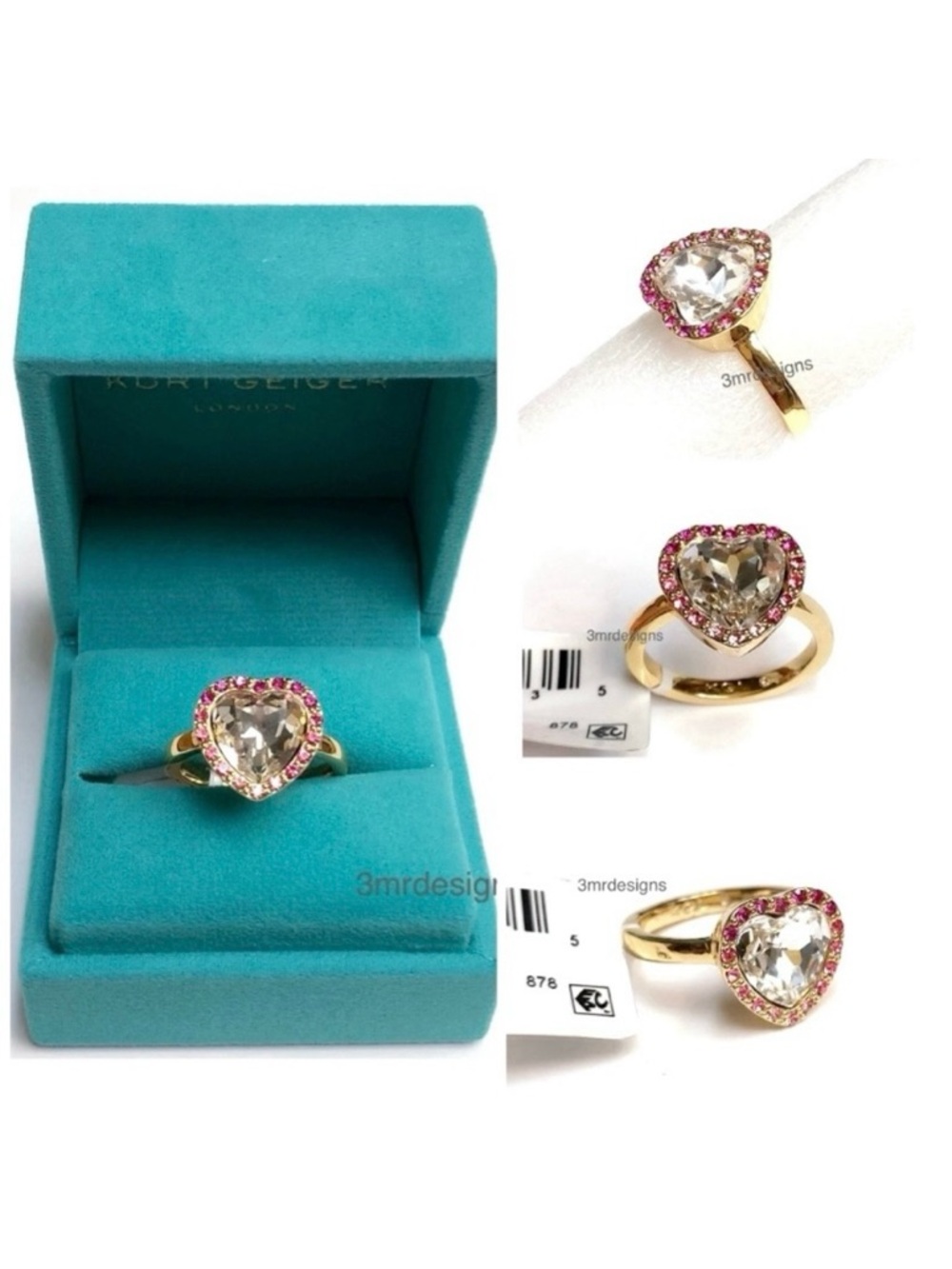 NWT KURT GEIGER LONDON🩷Halo Gold Plated Pink Glass Crystals Ring